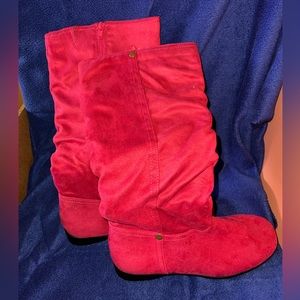Slouch Boot Micro Suede Knee High Low Heel Side Zip Fuchsia 9
